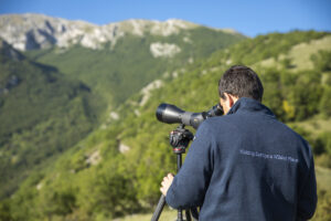 Rewilding Apennines team monitoring wildlife in corridor area between Abruzzo, Lazio and Molise National Park and Majella National Park. Central Apennines, Italy. 2020